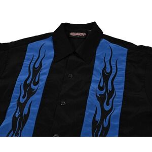 Vintage Sapphire Lounge Shirt Mens Medium Black Blue Flames Button Up Y2K Grunge